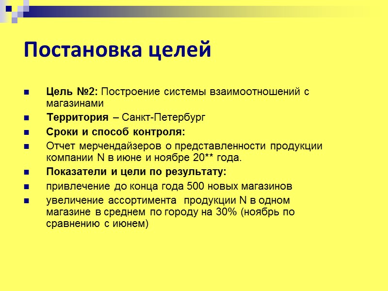 Постановка целей Цель №2: Построение системы взаимоотношений с магазинами Территория – Санкт-Петербург Сроки и